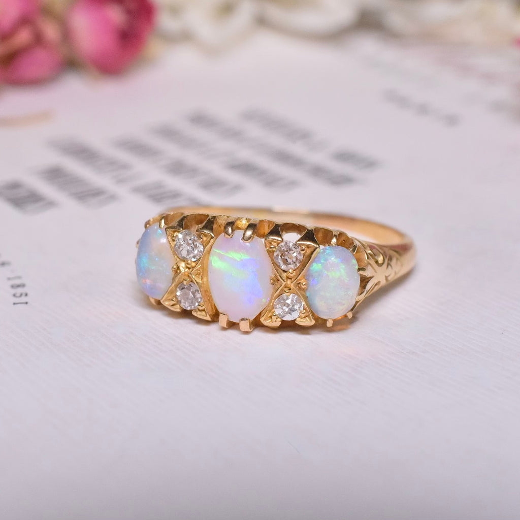 Antique Edwardian 18ct Yellow Gold Opal And Diamond Quarter Hoop Ring