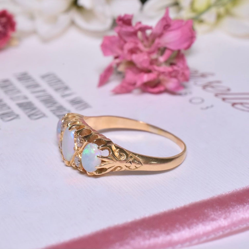 Antique Edwardian 18ct Yellow Gold Opal And Diamond Quarter Hoop Ring