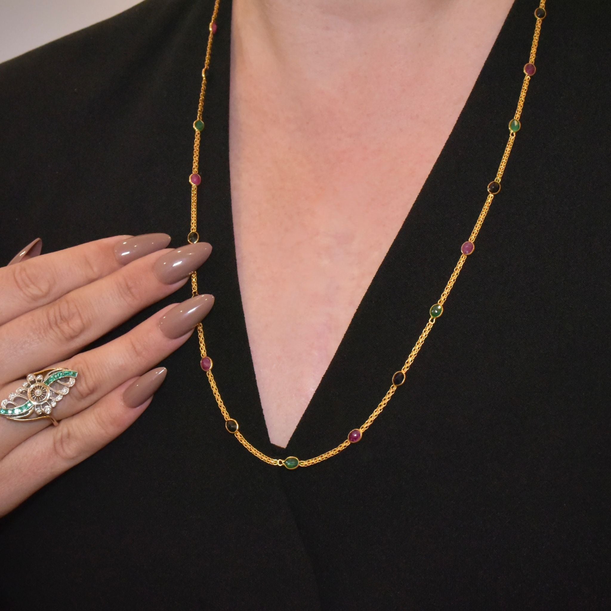 Modern 14ct Yellow Gold Emerald, Ruby And Sapphire ‘Station’ Necklace