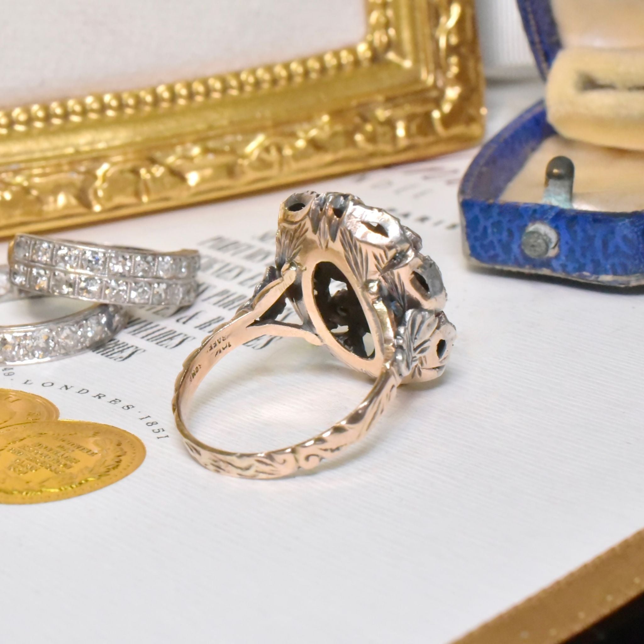 Amazing Italian Mid 20th Century Antique Revival 10ct Yellow Gold Sapphire And Diamond Ring