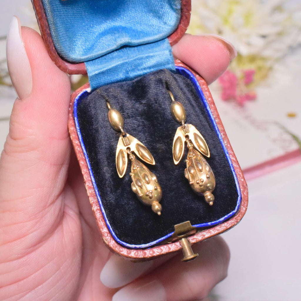 Antique Victorian 15ct Yellow Gold Etruscan Revival Drop Torpedo Earrings Circa 1870-80s