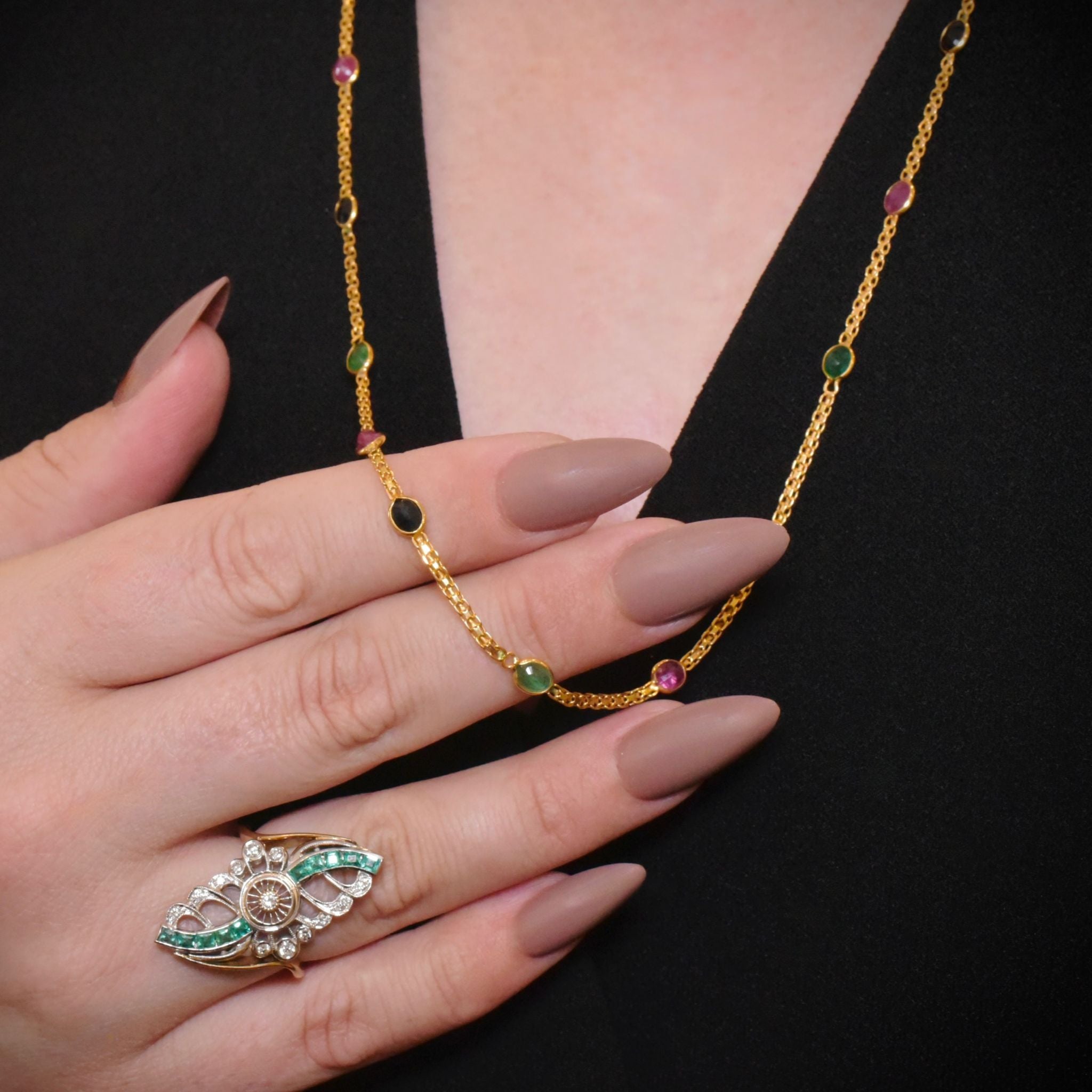 Modern 14ct Yellow Gold Emerald, Ruby And Sapphire ‘Station’ Necklace