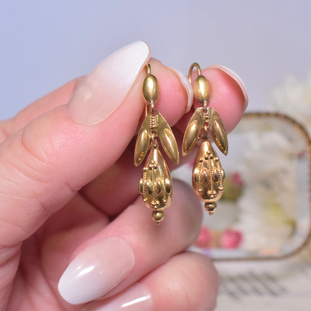 Antique Victorian 15ct Yellow Gold Etruscan Revival Drop Torpedo Earrings Circa 1870-80s