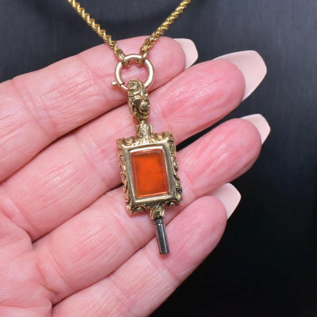 Antique Victorian 15ct Gold Mounted Carnelian And Chalcedony Watch Key Circa 1850-60’s