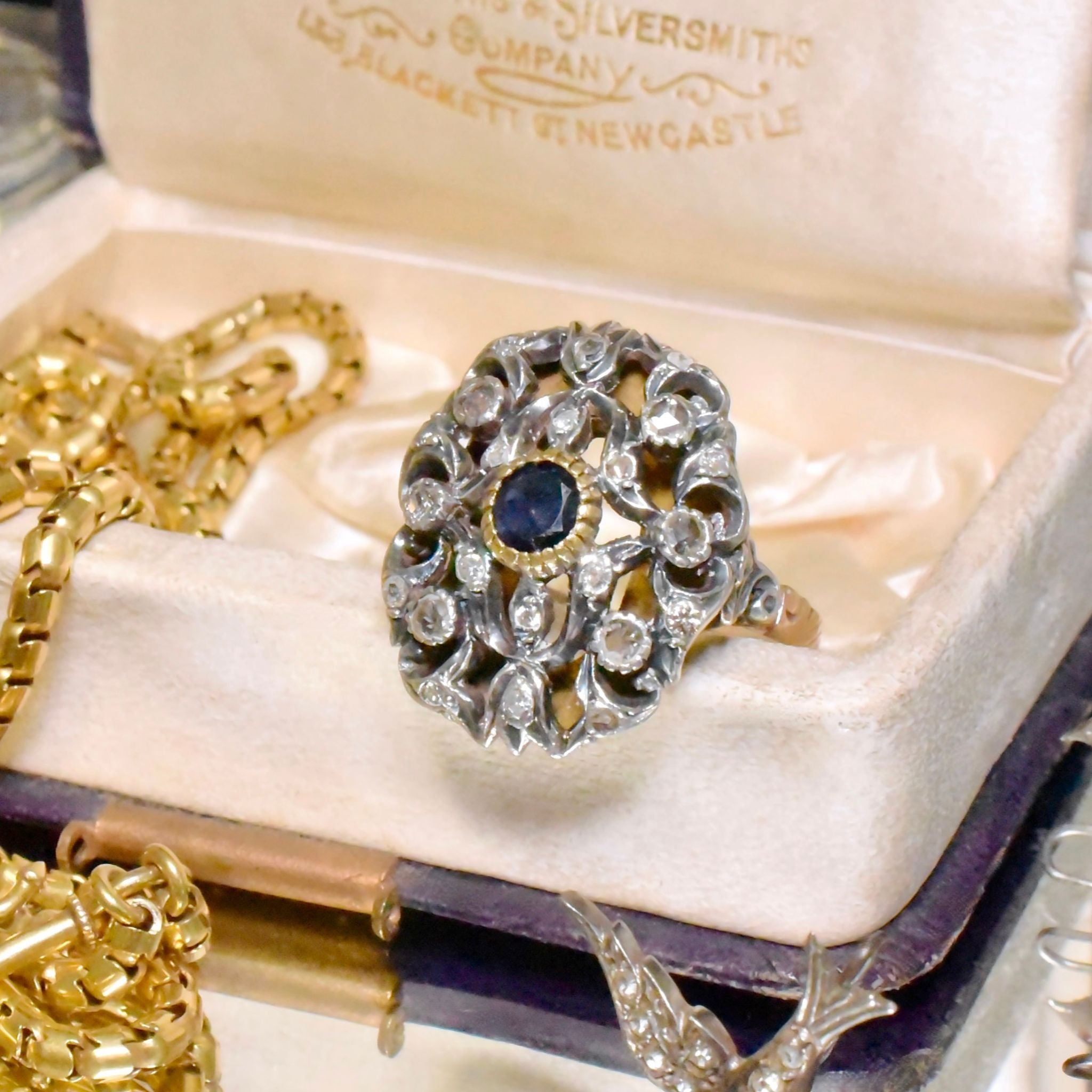 Amazing Italian Mid 20th Century Antique Revival 10ct Yellow Gold Sapphire And Diamond Ring