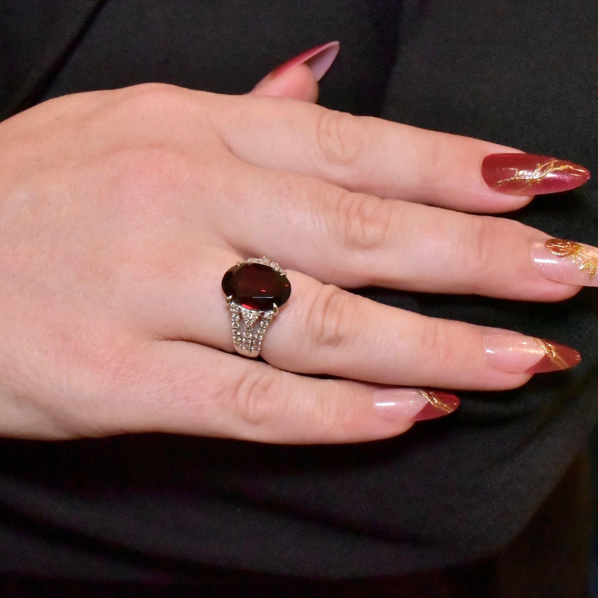 Contemporary 18ct White Gold Almadine Garnet (5.95ct) And Diamond (0.60ct) Ring Included In Purchase Valuation For $7,916 AUD