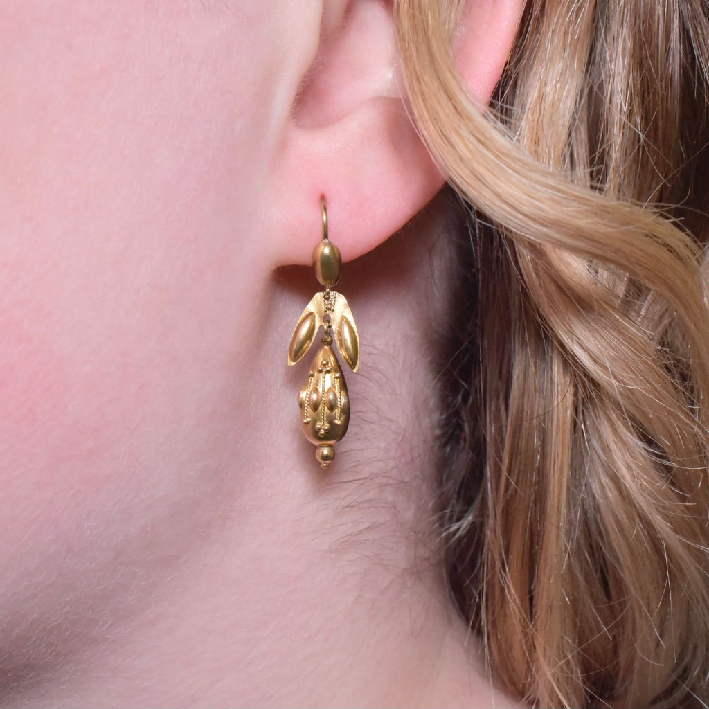 Antique Victorian 15ct Yellow Gold Etruscan Revival Drop Torpedo Earrings Circa 1870-80s