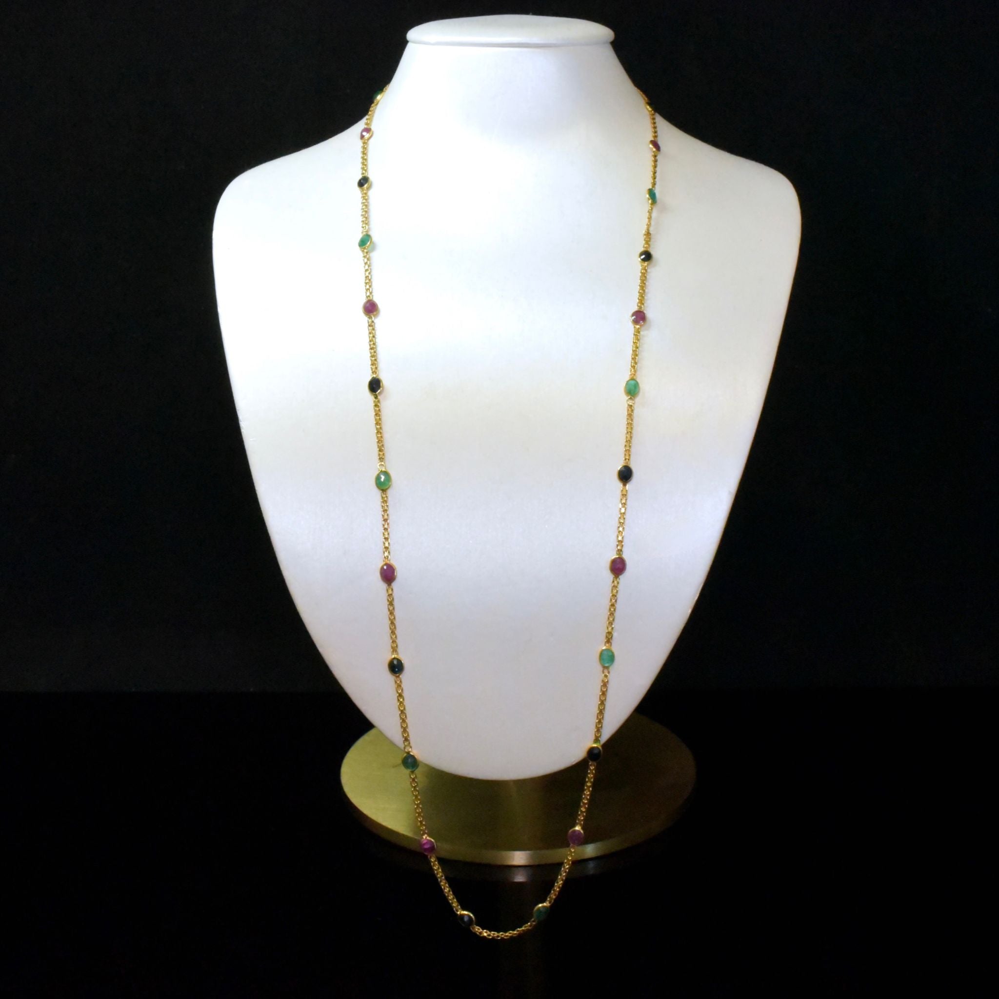 Modern 14ct Yellow Gold Emerald, Ruby And Sapphire ‘Station’ Necklace