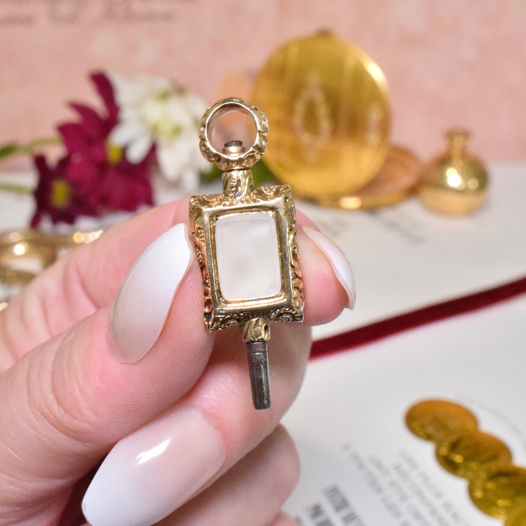 Antique Victorian 15ct Gold Mounted Carnelian And Chalcedony Watch Key Circa 1850-60’s