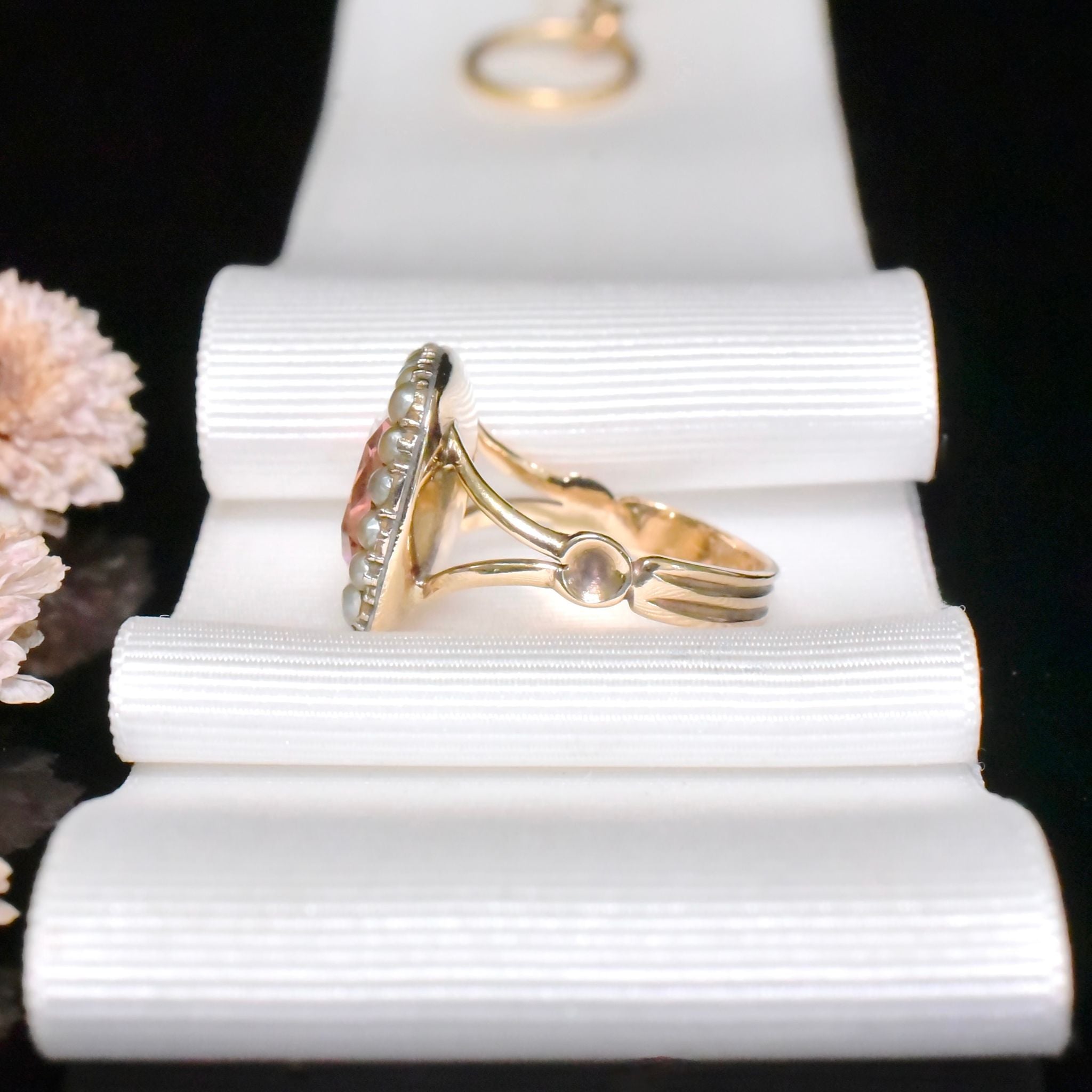 Exquisite Georgian 12ct Yellow Gold Pink Paste/Glass And Natural Half Seed Pearl Ring - Circa 1800-1820’s