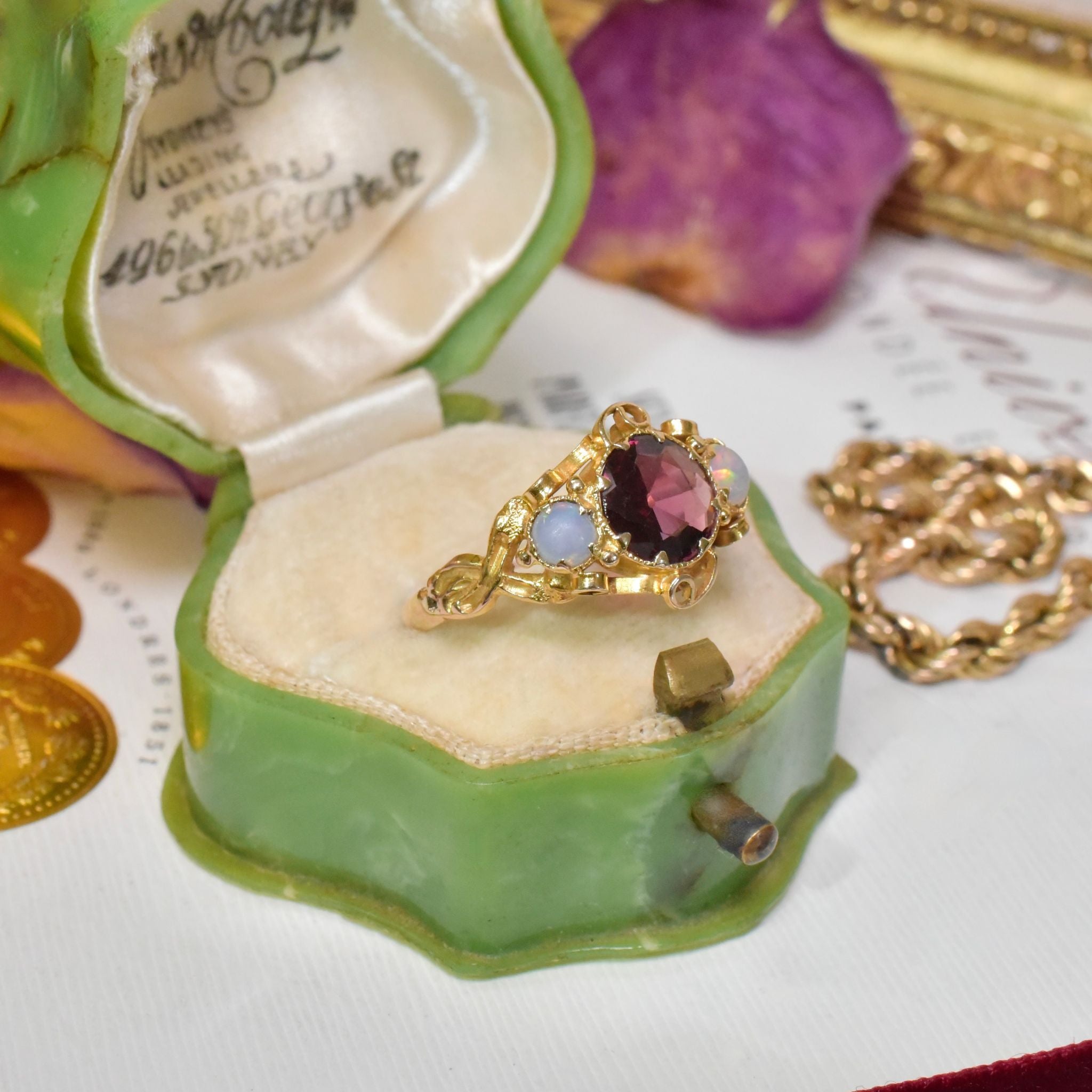 Stunning Antique Victorian 15ct (and 9ct) Yellow Gold Garnet And Opal Ring Circa 1870-1890