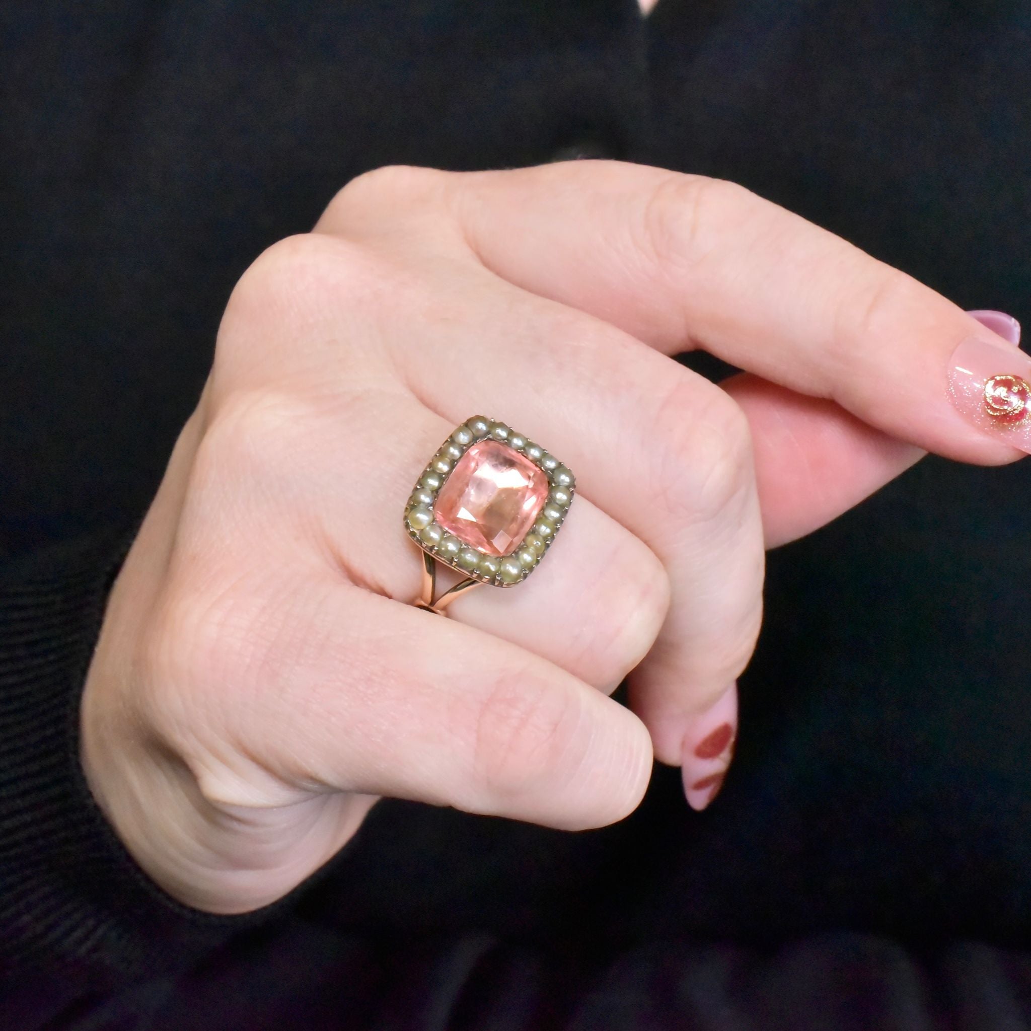 Exquisite Georgian 12ct Yellow Gold Pink Paste/Glass And Natural Half Seed Pearl Ring - Circa 1800-1820’s