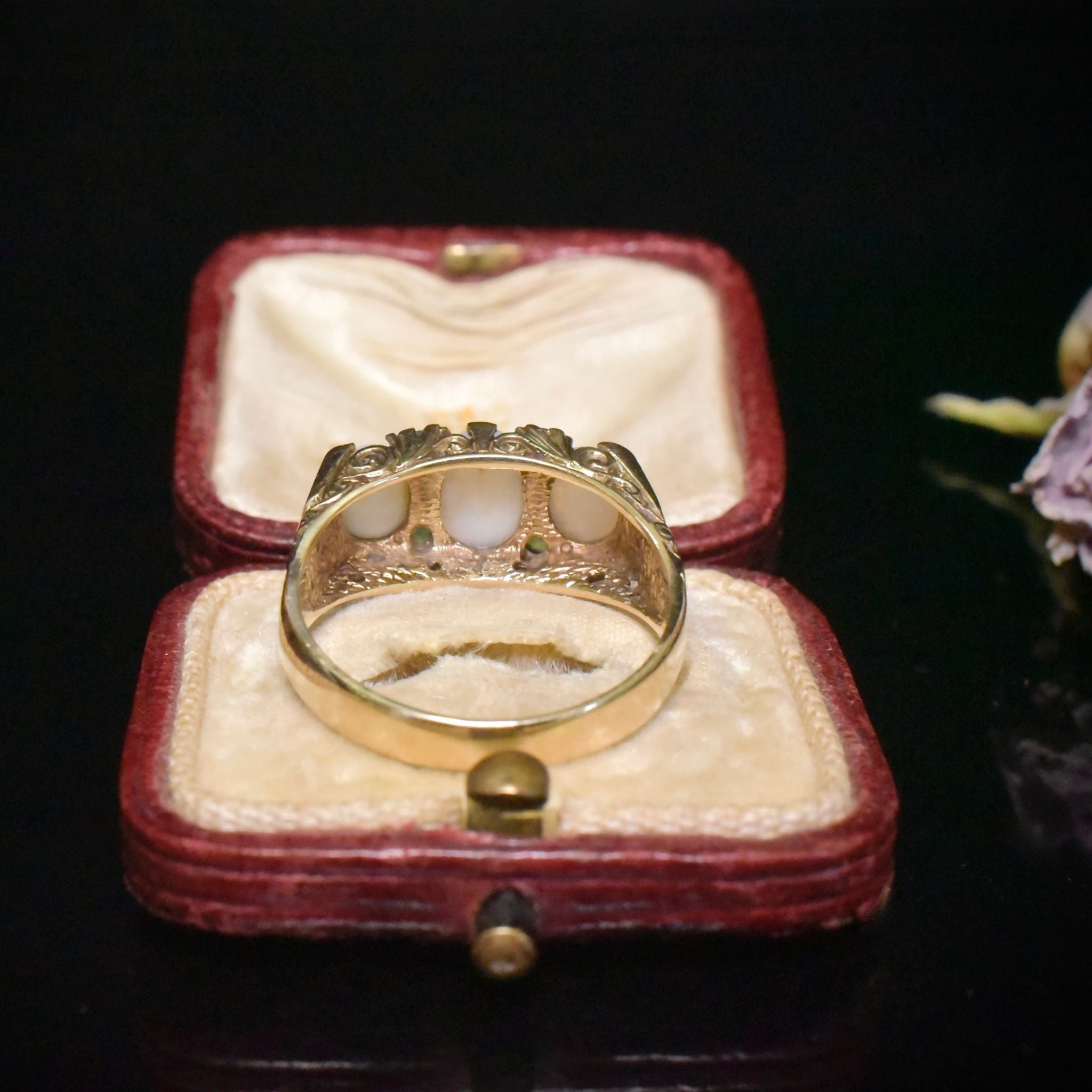 Vintage 9ct Yellow Gold Opal And Emerald Bridge Ring- London 1979