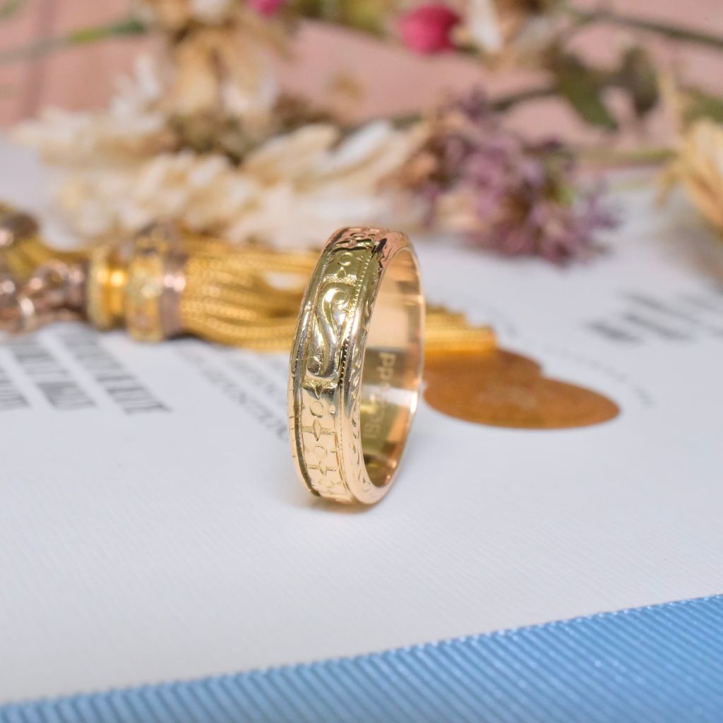 Vintage Australian 18ct Yellow Gold Patterned ‘Cherry Blossom’ Band By ‘RODD’ Circa 1950-60’s