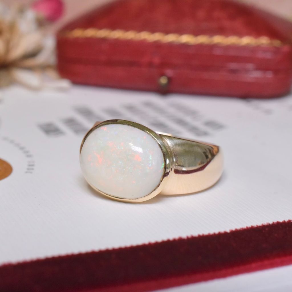 Superb Contemporary 9ct Yellow Gold Solid White Opal Ring