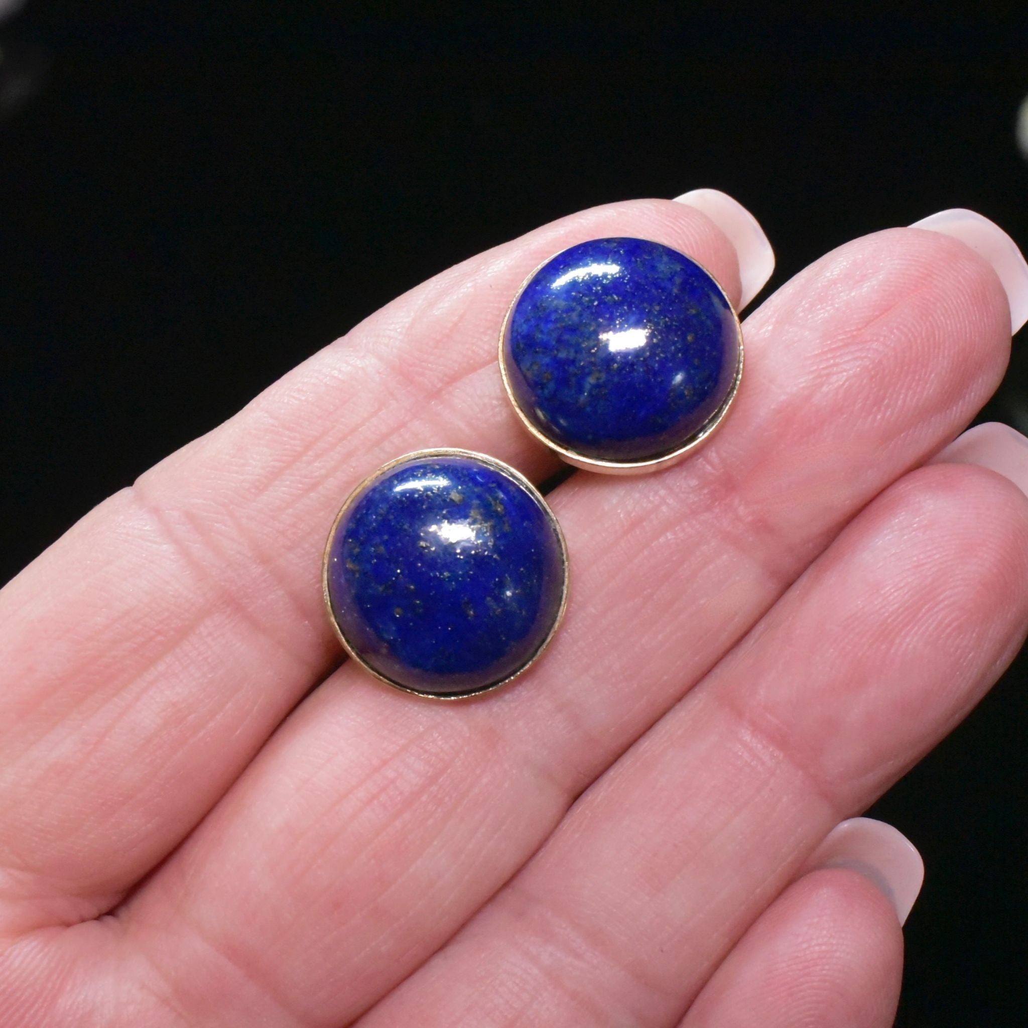 Vintage 9ct Yellow Gold Lapis Lazuli Cabochon Earrings