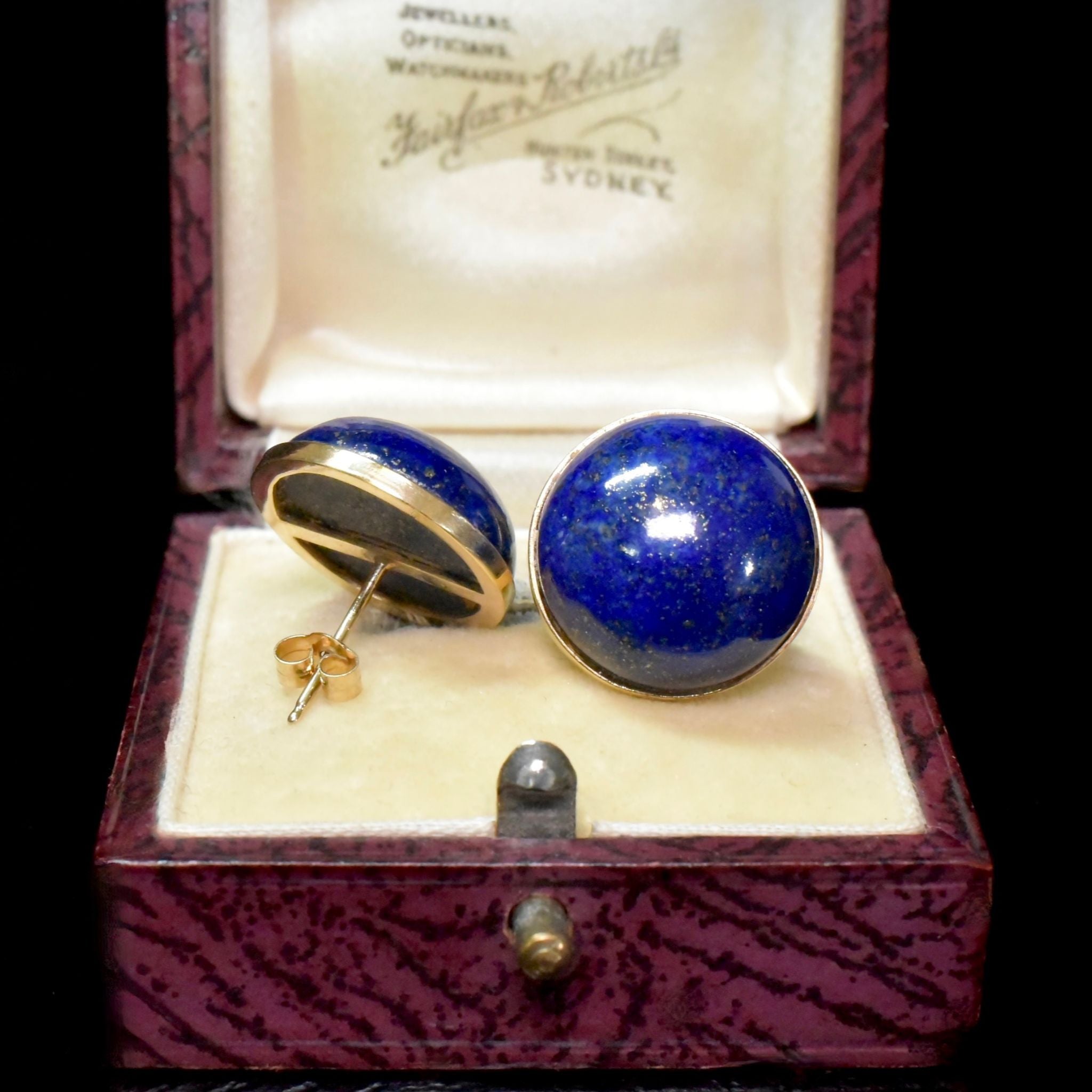 Vintage 9ct Yellow Gold Lapis Lazuli Cabochon Earrings