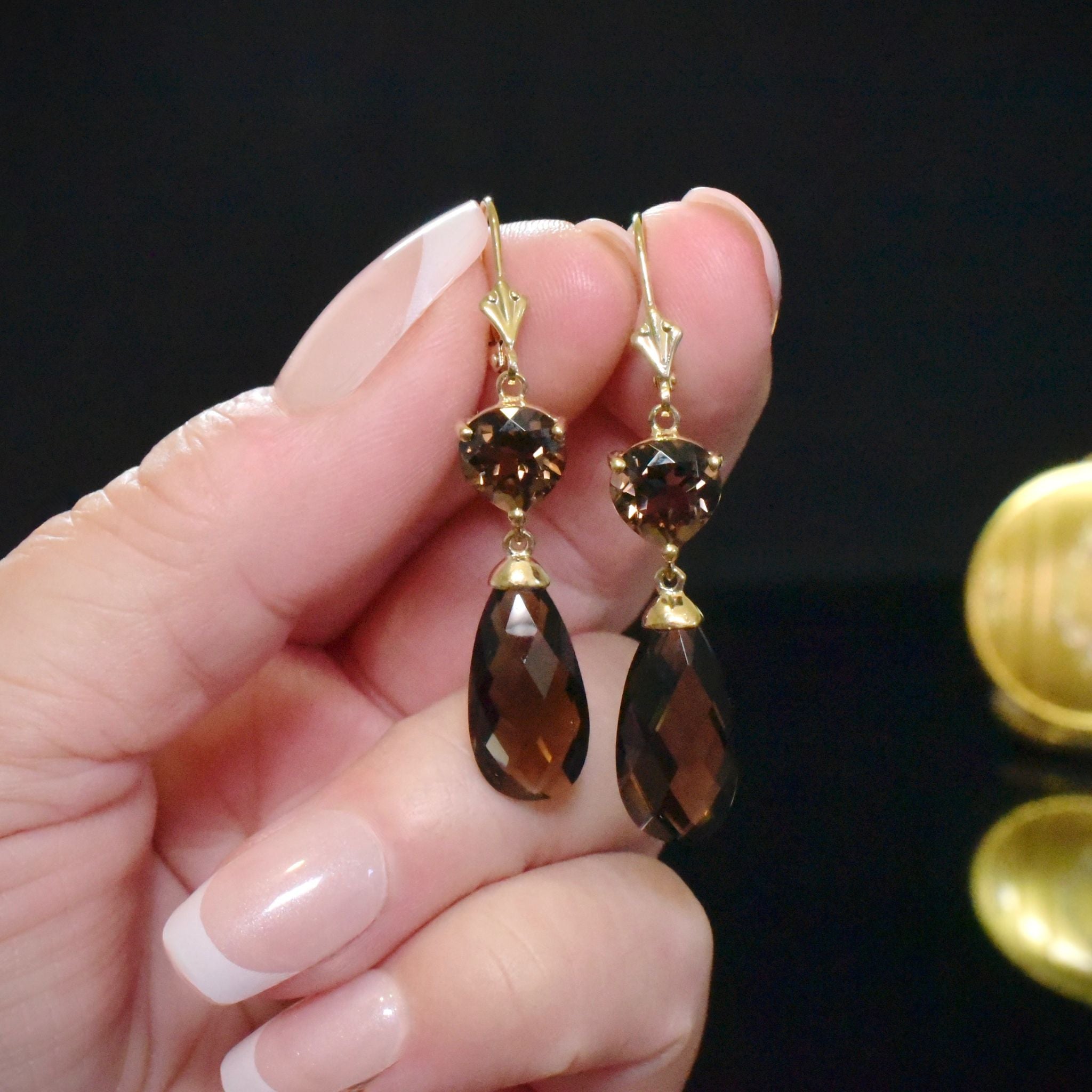 Stunning Modern 9ct Yellow Gold Smoky Quartz Drop Earrings