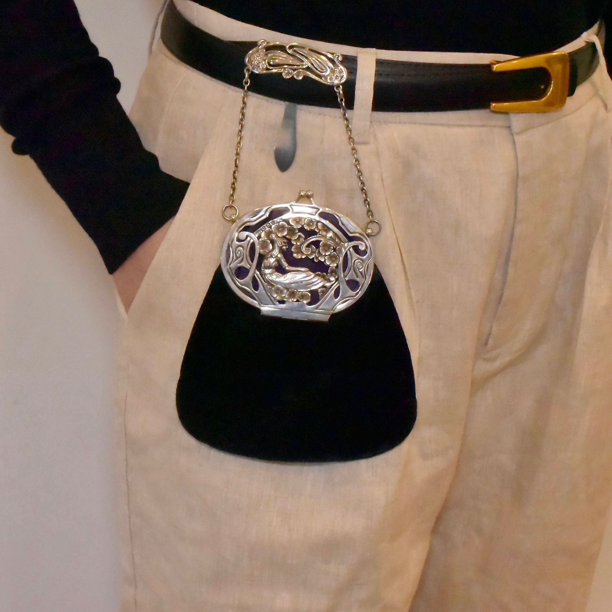 Stunning Antique Art Nouveau Sterling Silver Chatelaine-Purse By Henry Williamson Ltd - 1900