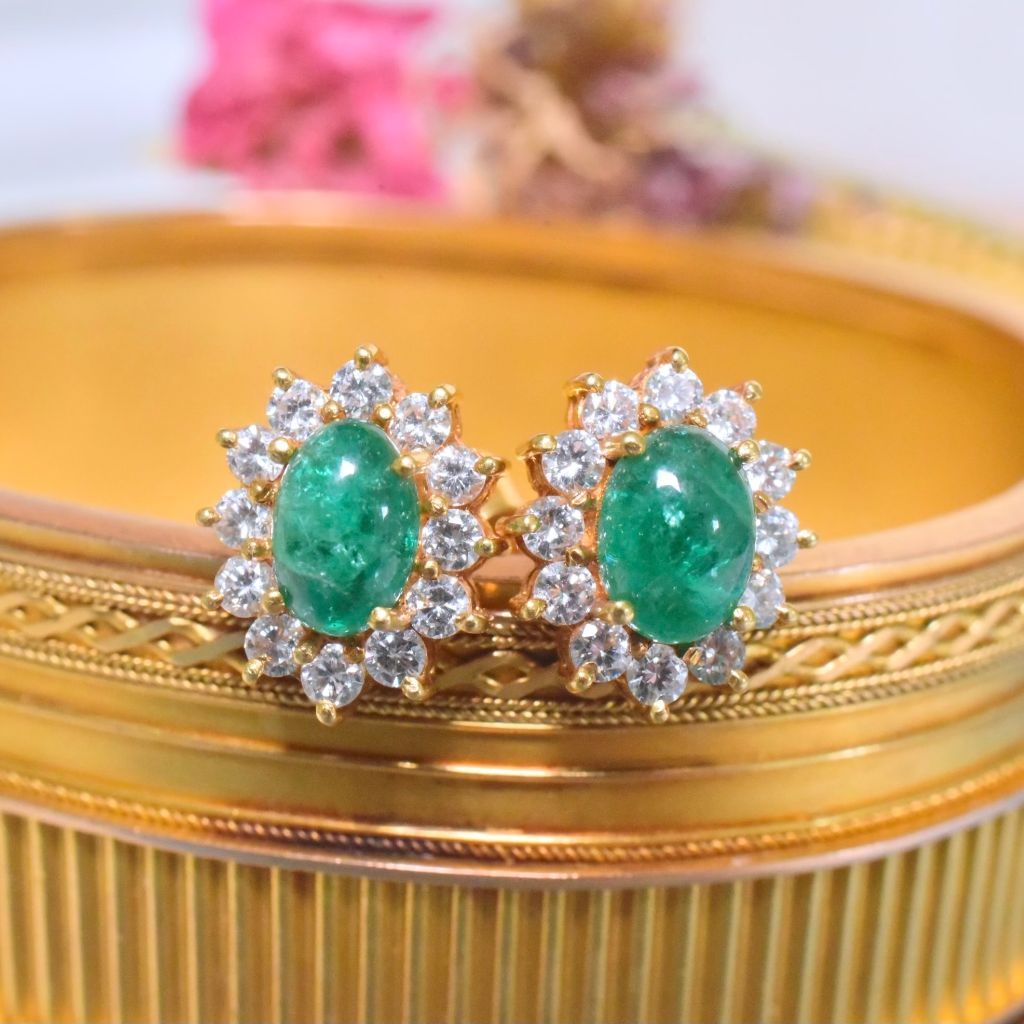 Contemporary 18ct Gold Emerald Cabochon And Diamond Earrings