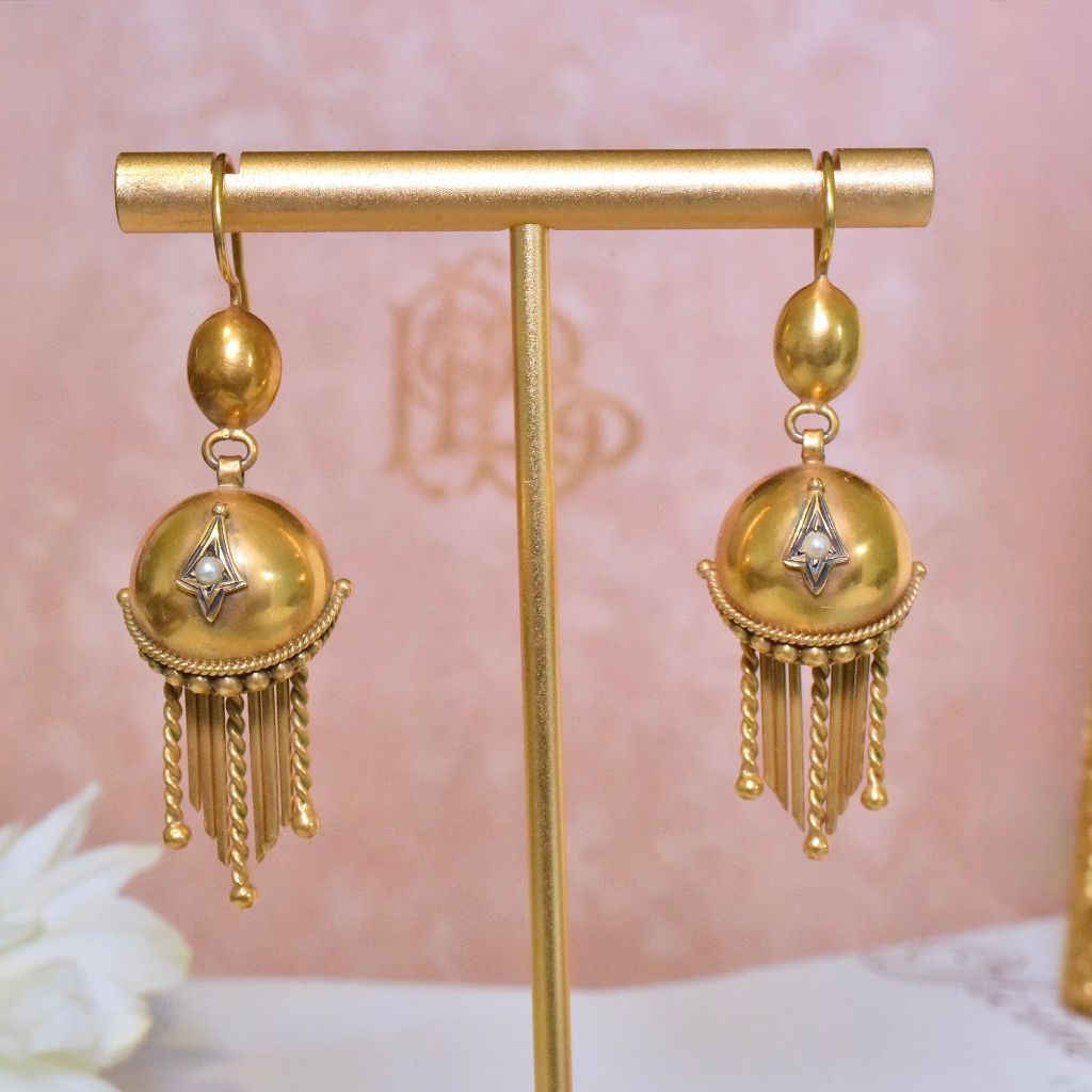 Antique Victorian 9ct Yellow Gold Etruscan Revival Pearl Tassel Earrings