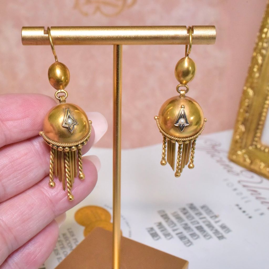 Antique Victorian 9ct Yellow Gold Etruscan Revival Pearl Tassel Earrings