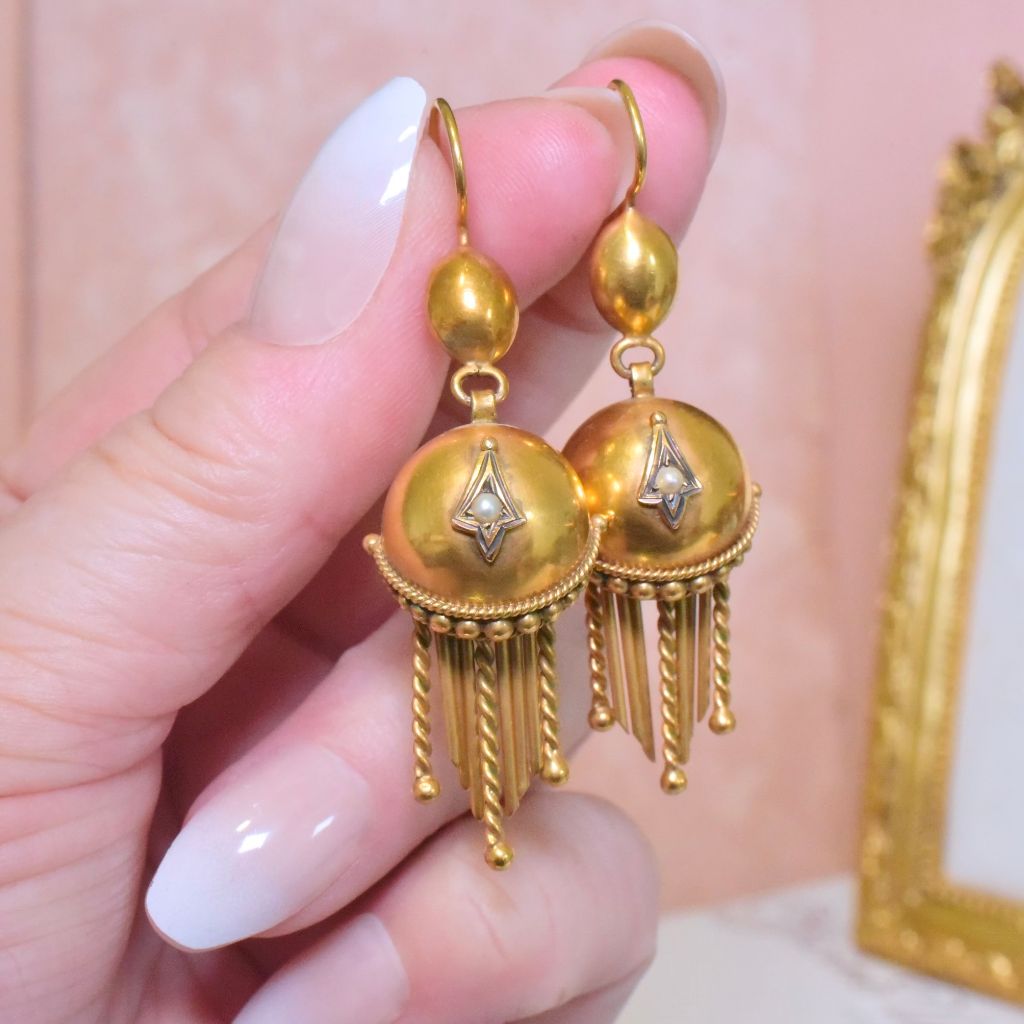 Antique Victorian 9ct Yellow Gold Etruscan Revival Pearl Tassel Earrings