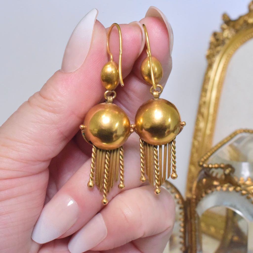 Antique Victorian 9ct Yellow Gold Etruscan Revival Pearl Tassel Earrings