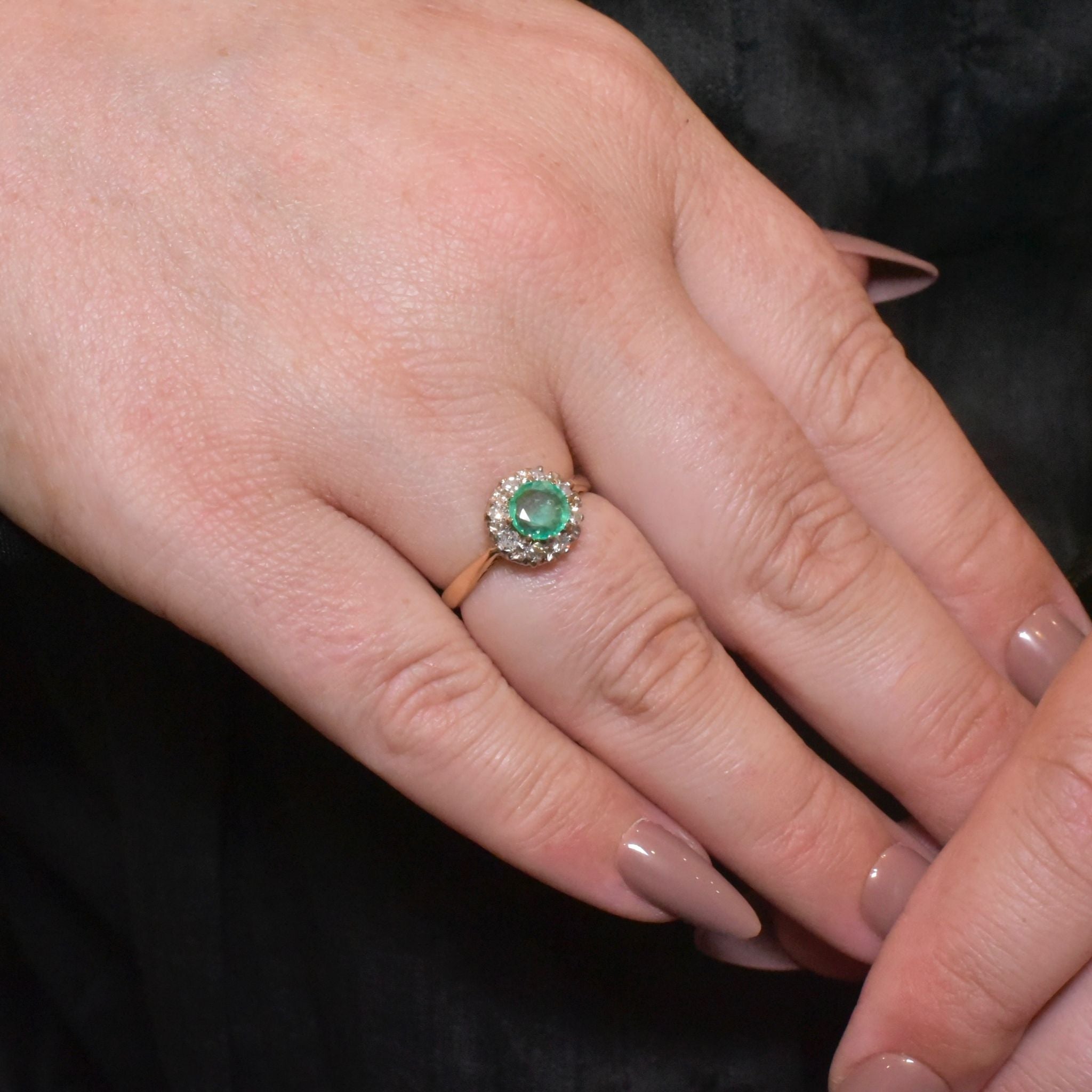 Antique Edwardian 18ct Yellow Gold Emerald And Diamond ‘Daisy’ Halo Ring