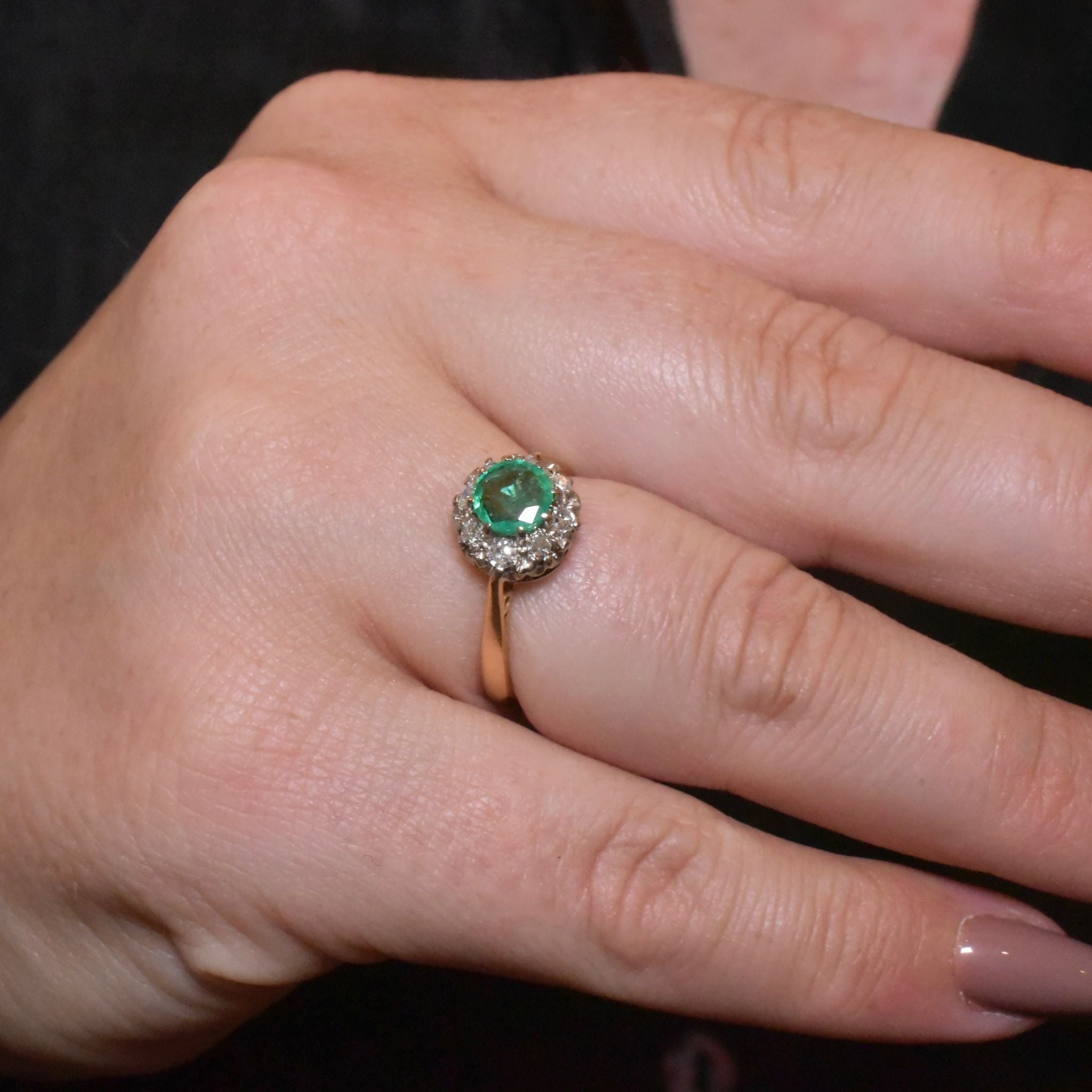 Antique Edwardian 18ct Yellow Gold Emerald And Diamond ‘Daisy’ Halo Ring