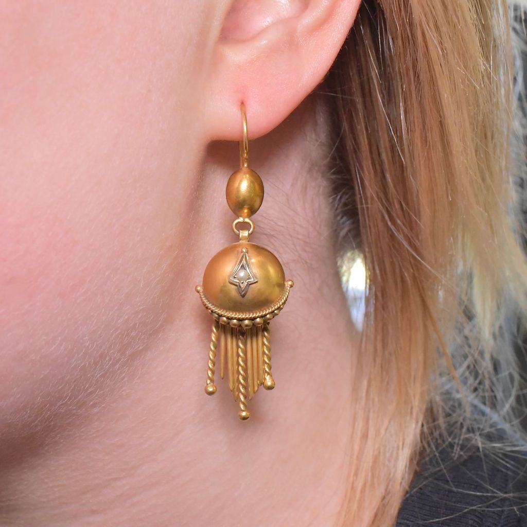 Antique Victorian 9ct Yellow Gold Etruscan Revival Pearl Tassel Earrings