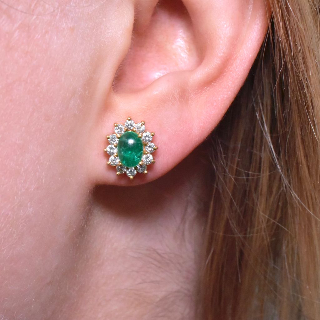 Contemporary 18ct Gold Emerald Cabochon And Diamond Earrings