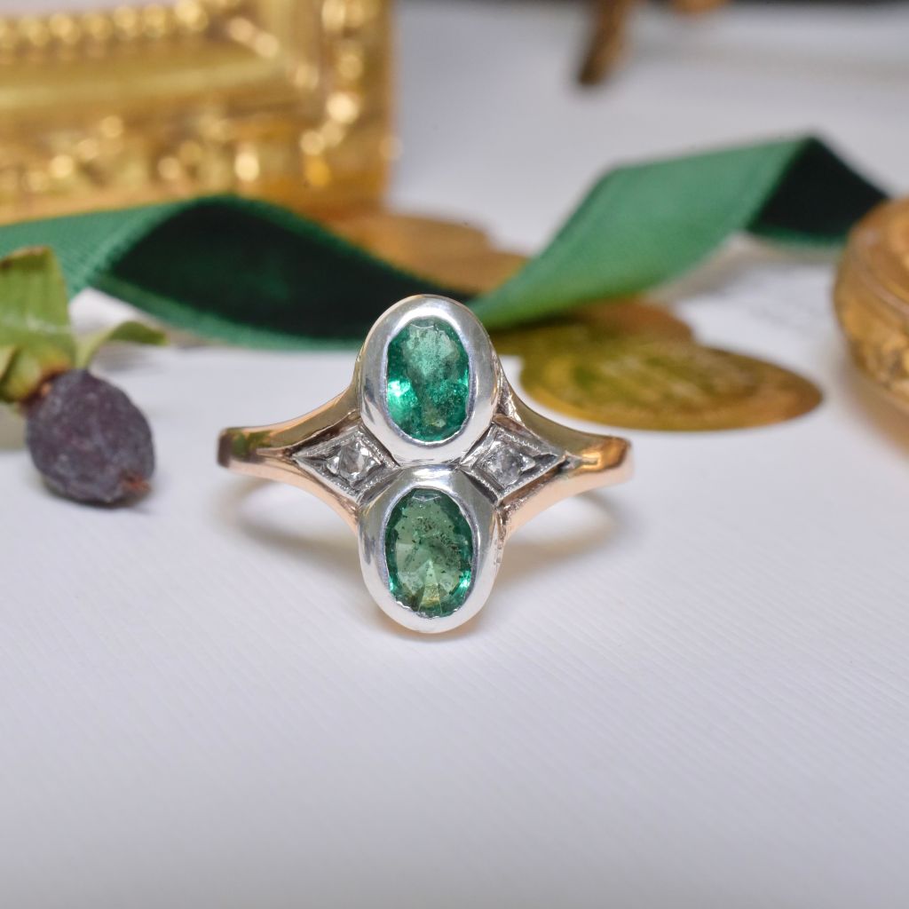 Vintage Mid Century Italian 12ct and 9ct Yellow Gold Emerald And Diamond Ring