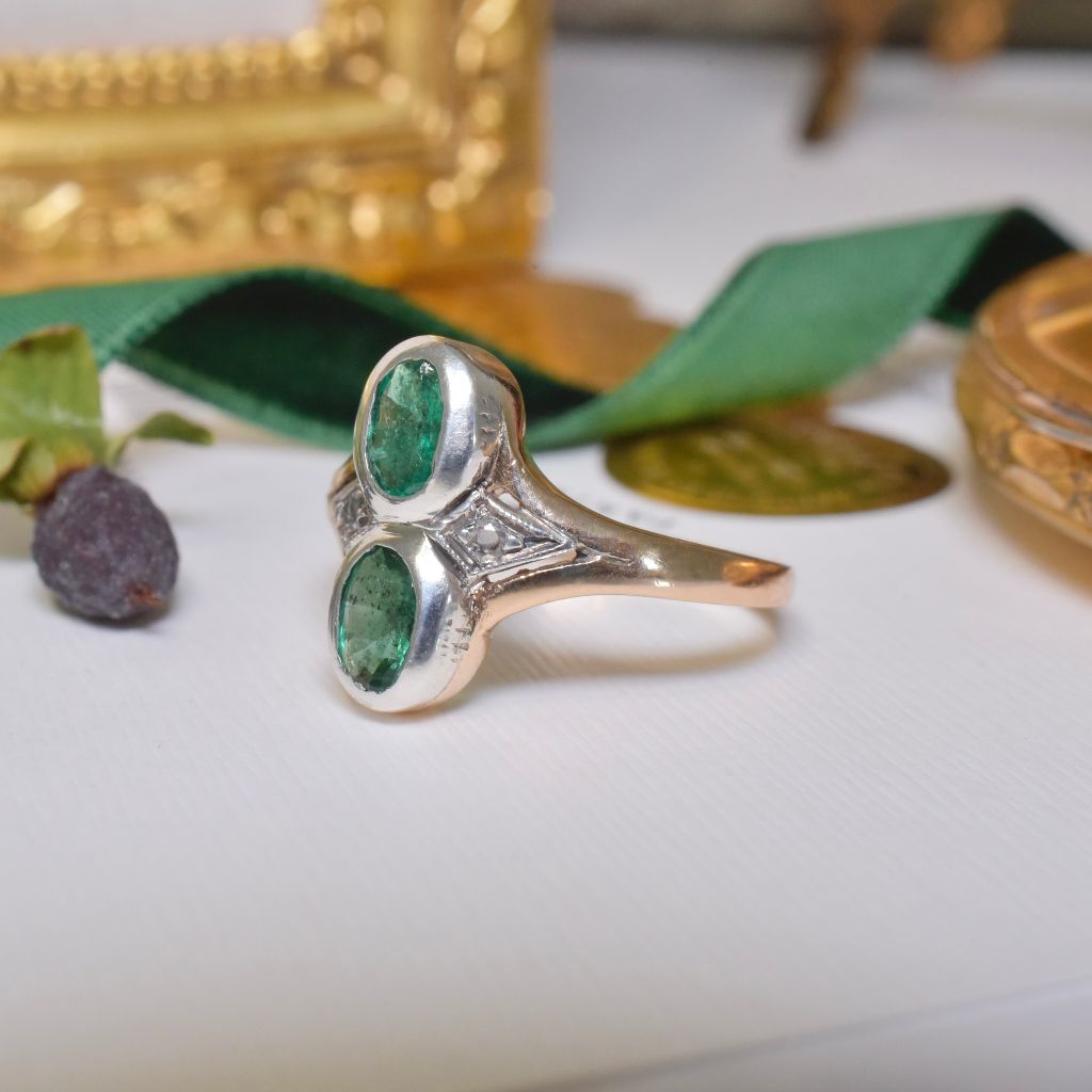 Vintage Mid Century Italian 12ct and 9ct Yellow Gold Emerald And Diamond Ring