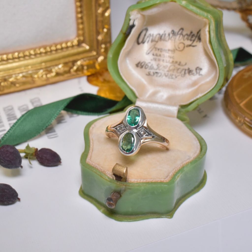 Vintage Mid Century Italian 12ct and 9ct Yellow Gold Emerald And Diamond Ring