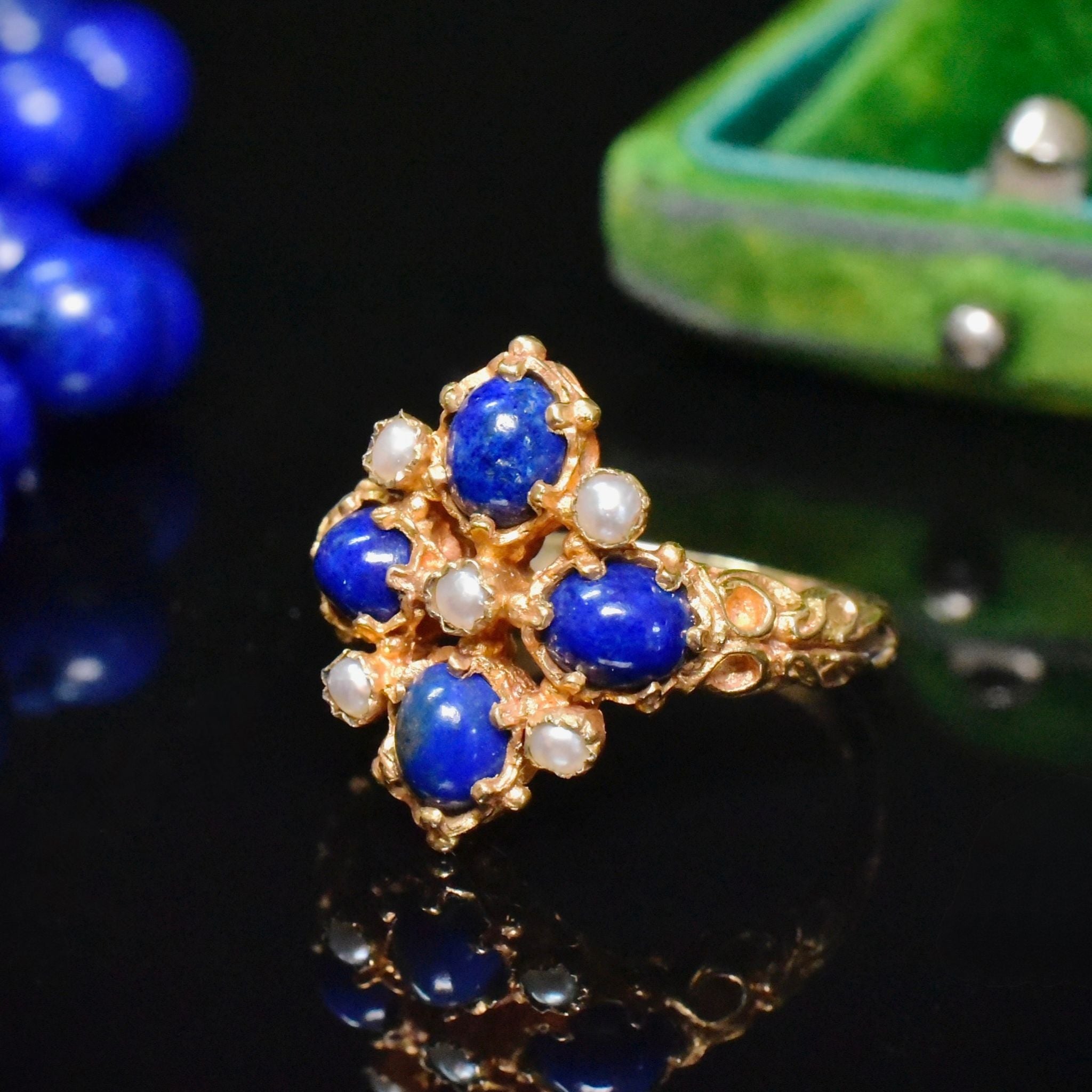Charming 9ct Yellow Gold Lapis Lazuli And Seed Pearl Ring - London 1973