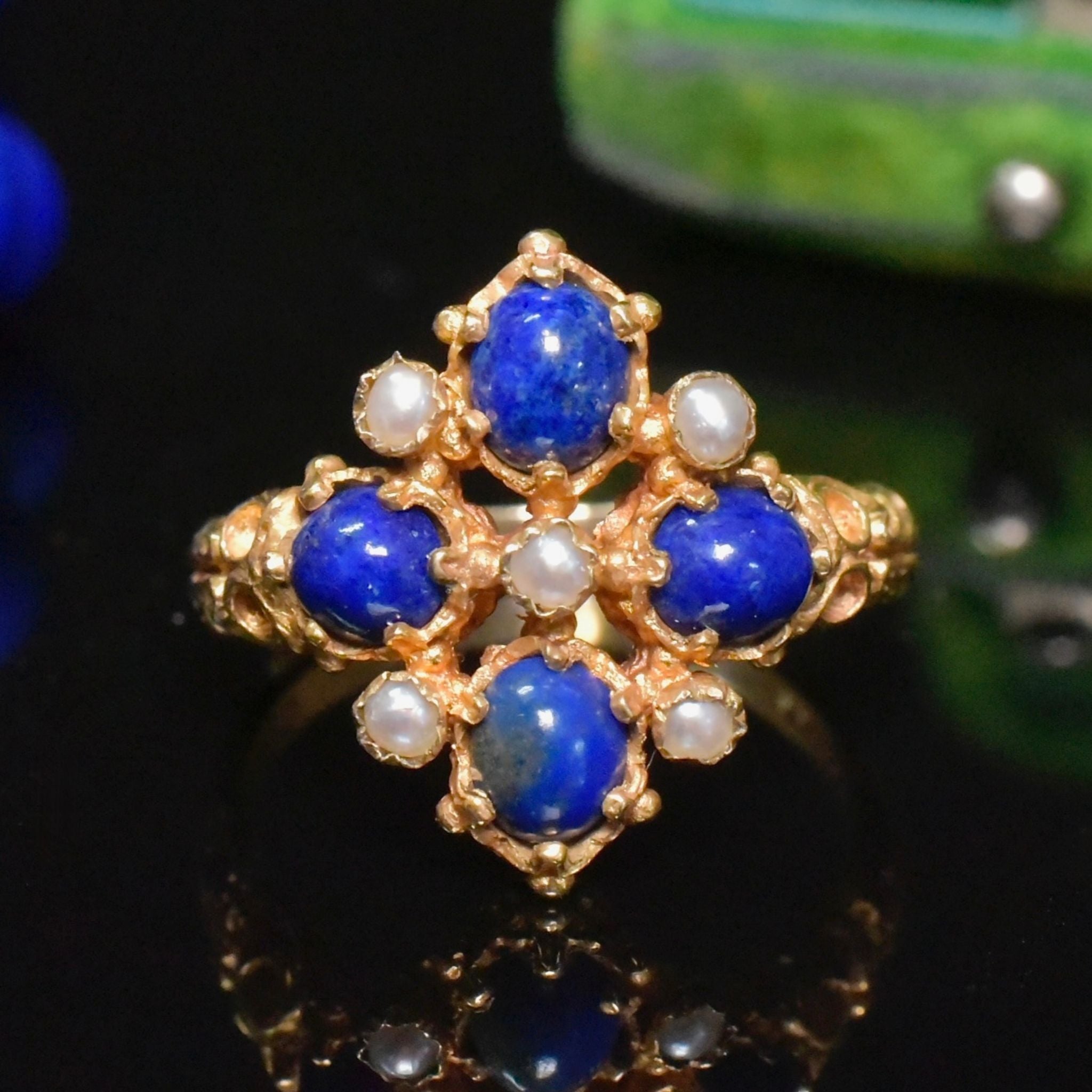 Charming 9ct Yellow Gold Lapis Lazuli And Seed Pearl Ring - London 1973