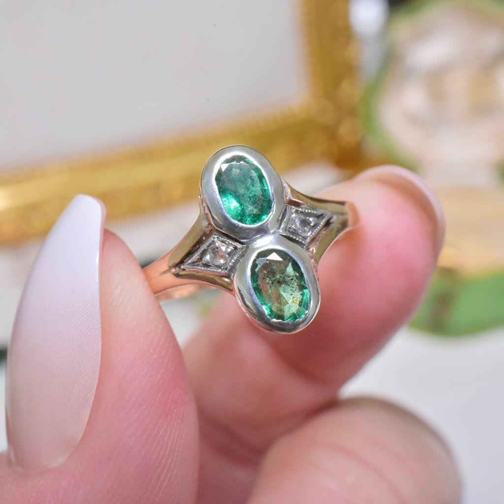 Vintage Mid Century Italian 12ct and 9ct Yellow Gold Emerald And Diamond Ring