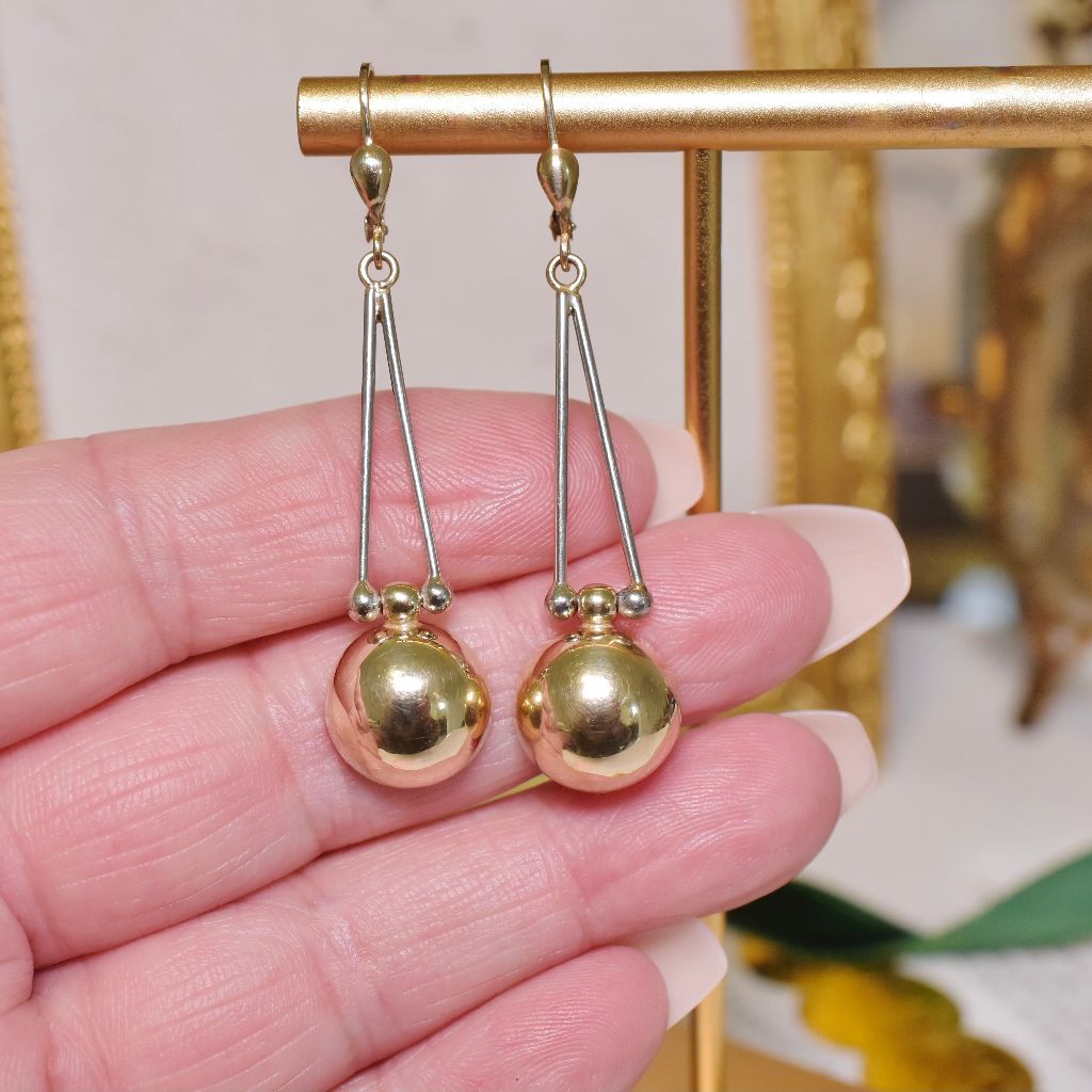 Vintage 9ct Yellow And White Gold Geometric Drop Earrings