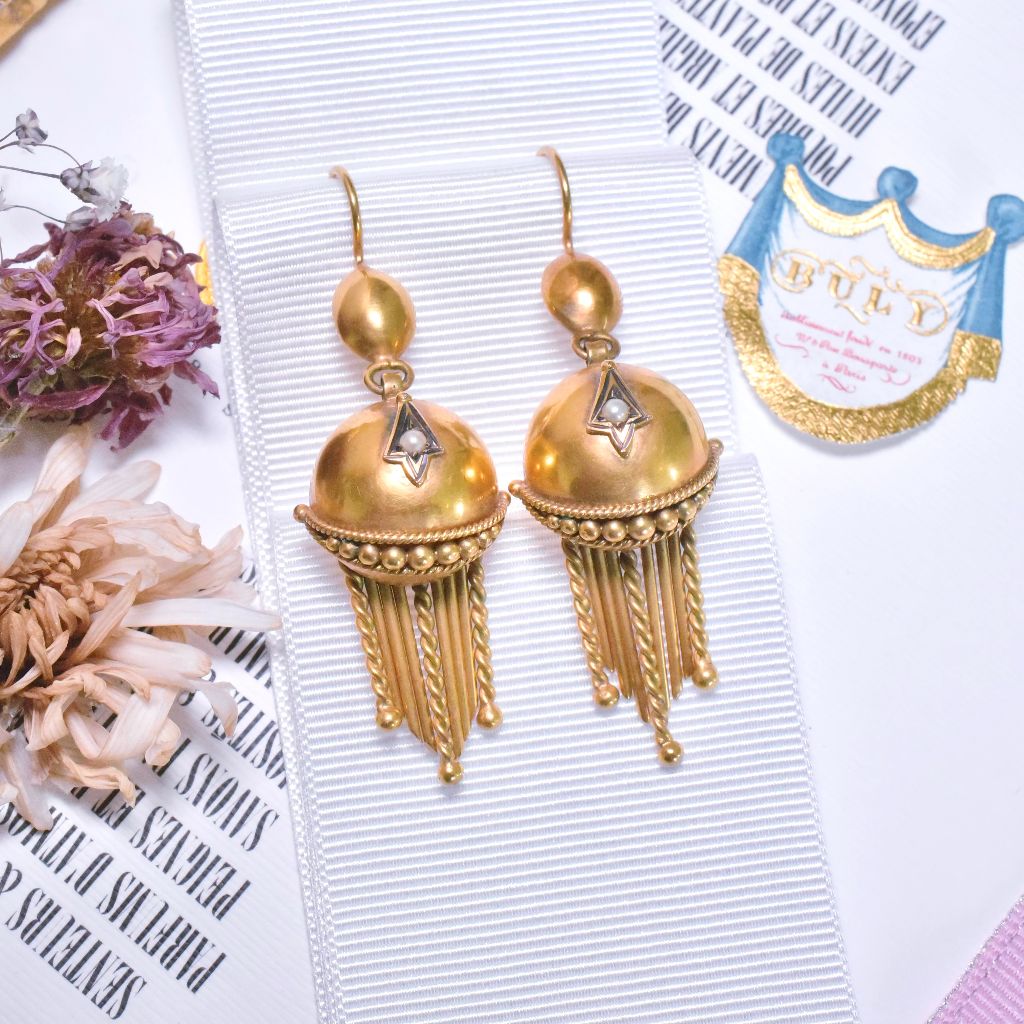 Antique Victorian 9ct Yellow Gold Etruscan Revival Pearl Tassel Earrings