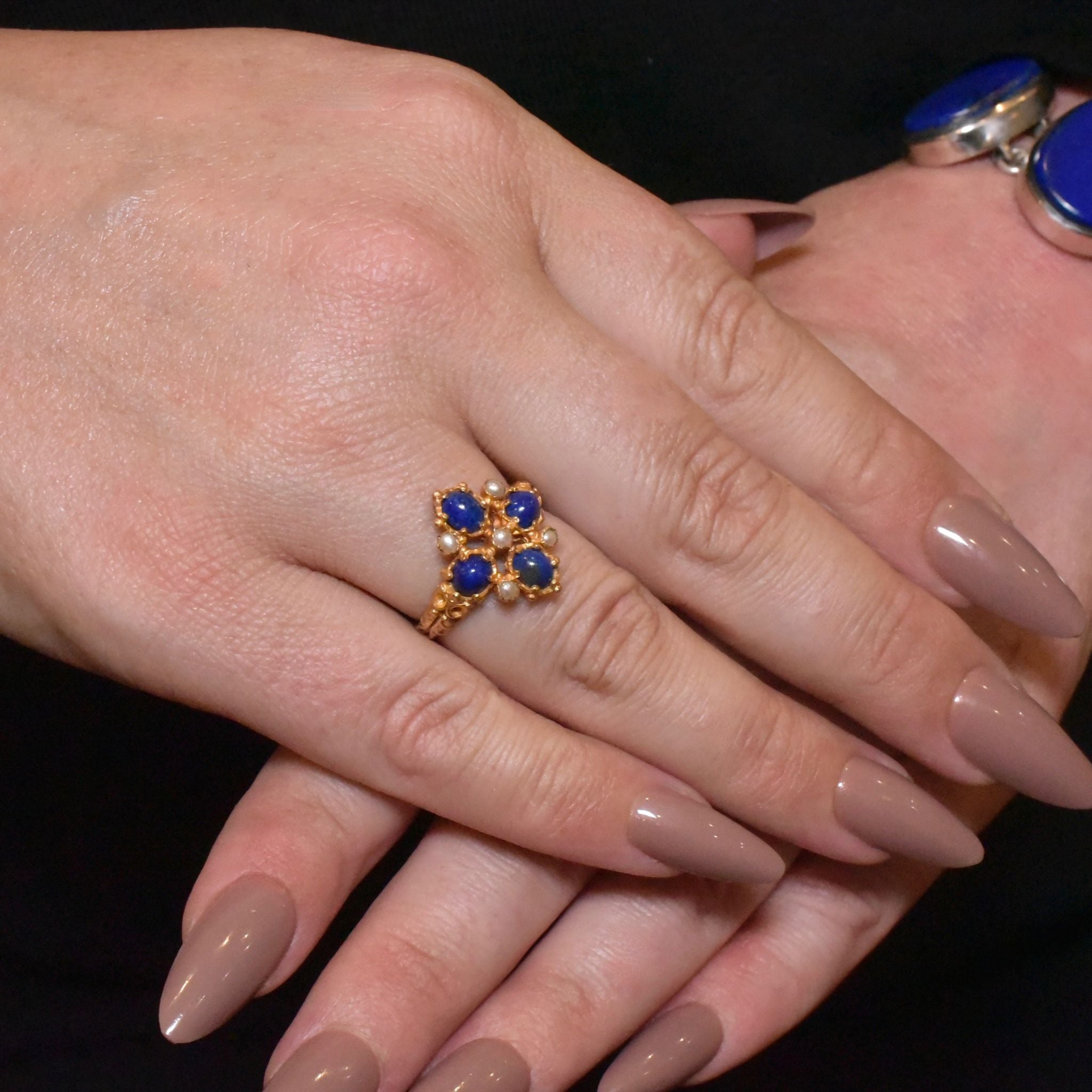 Charming 9ct Yellow Gold Lapis Lazuli And Seed Pearl Ring - London 1973