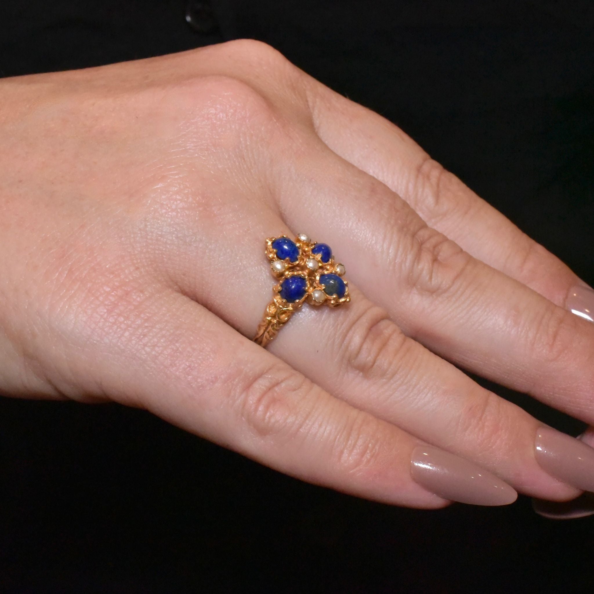 Charming 9ct Yellow Gold Lapis Lazuli And Seed Pearl Ring - London 1973