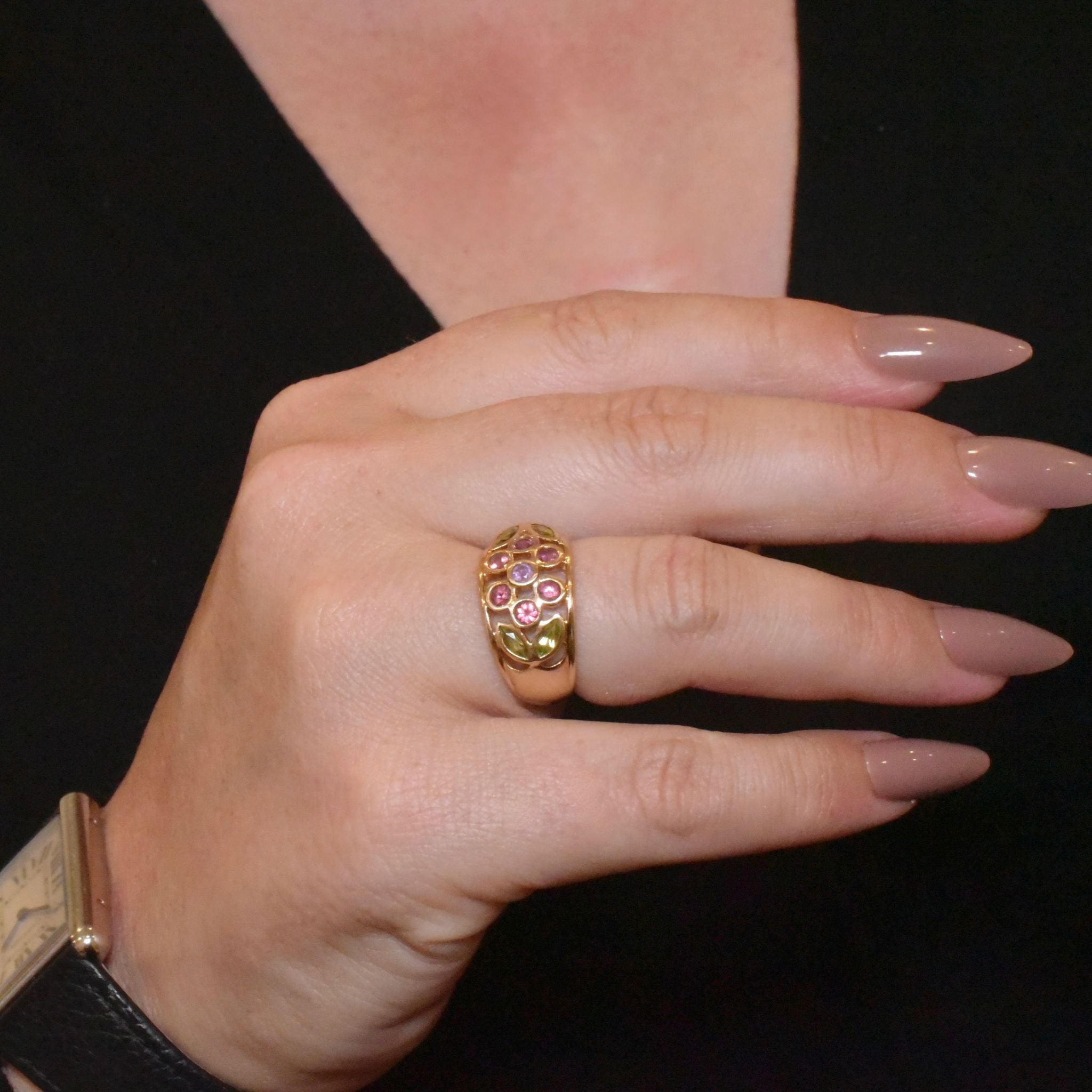 Charming 9ct Yellow Gold Amethyst, Garnet & Peridot Floral Ring