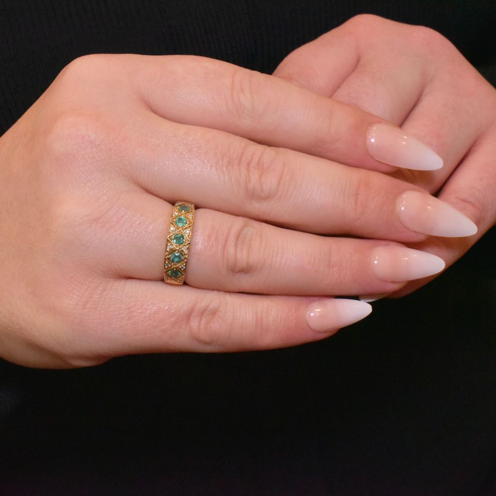 Contemporary 9ct Yellow Gold Emerald And Diamond Five Stone Ring