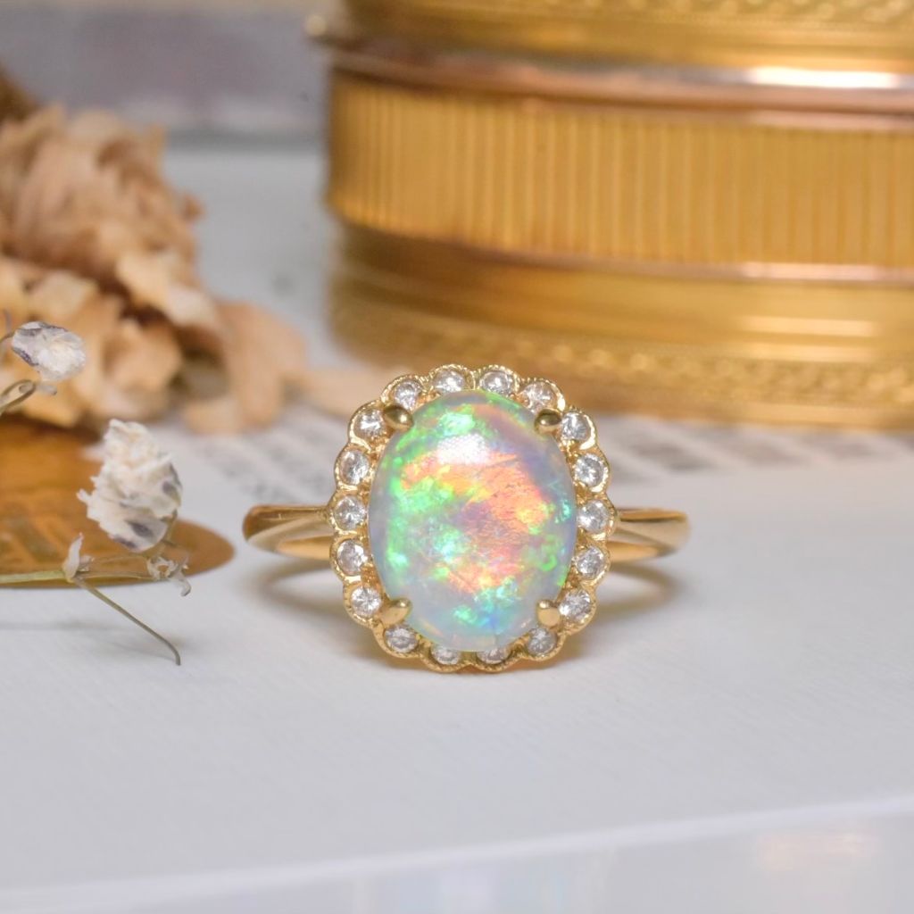 Modern 18ct Yellow Gold Solid Dark Crystal Opal And Diamond Ring