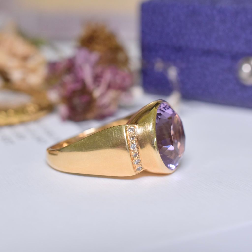 Contemporary 18ct Yellow Gold Amethyst And Diamond Ring Independent Valuation $5000.00 AUD