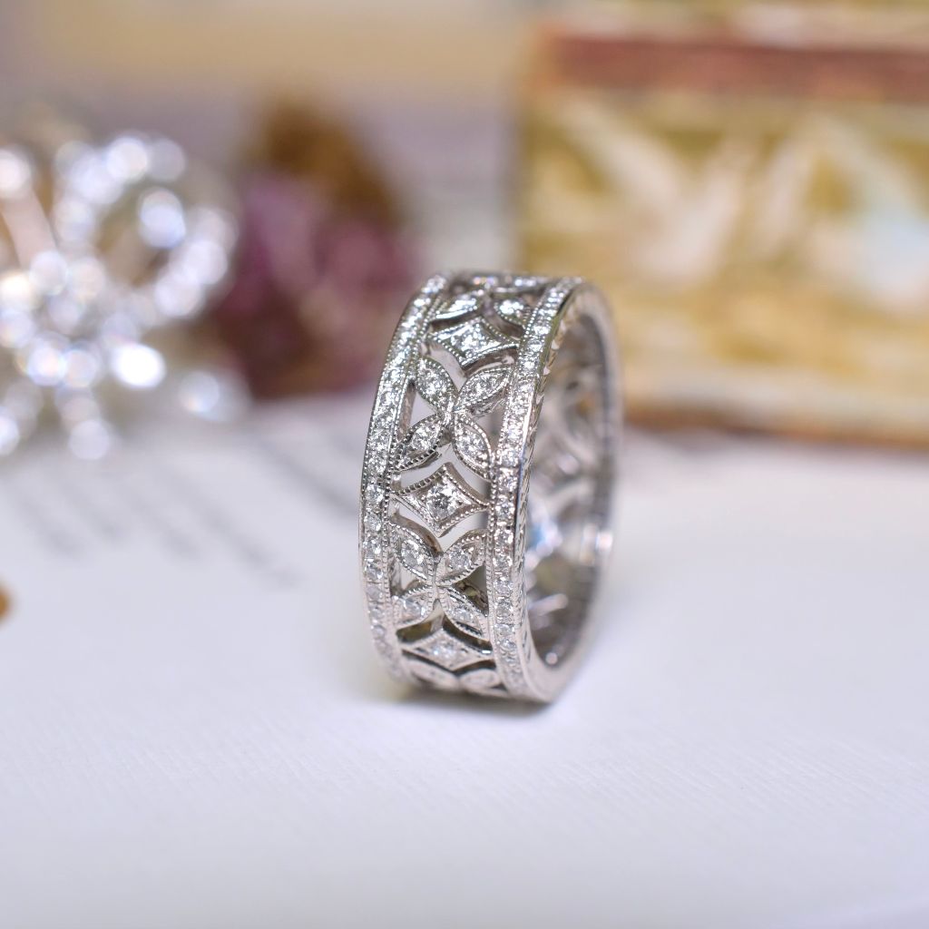 Modern 18ct White Gold Floral Diamond Wide Ring