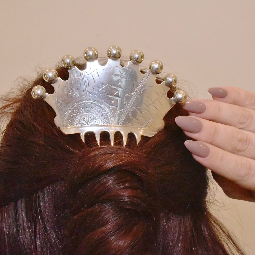 Antique Sterling Silver Aesthetic Movement Japonesque Hair Comb Circa
