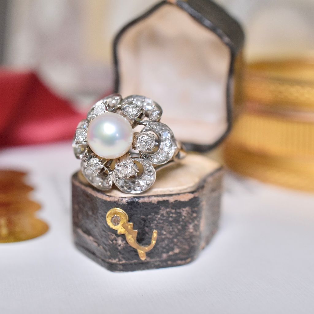 Superb Vintage Platinum And 14ct White Gold Diamond Pearl Cocktail Ring 1950’s