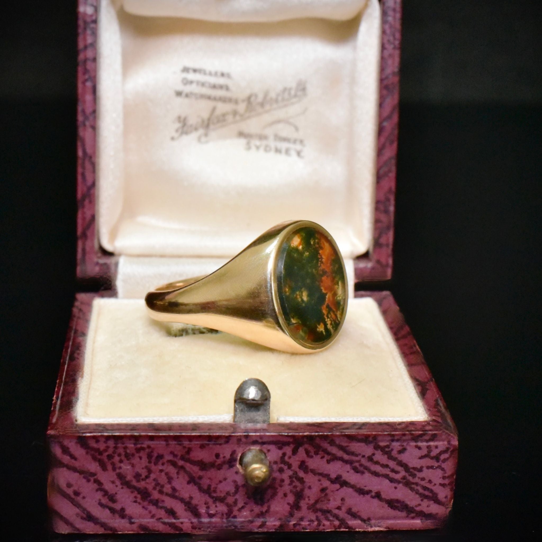 Vintage 9ct Yellow Gold Moss Agate Signet Ring - Birmingham 1977